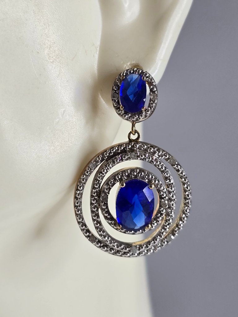 Womens Estate Sterling Silver Modernist Gold Tone Sapphire Earrings 8.0g E5891